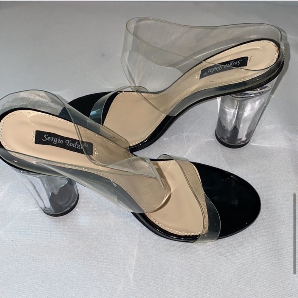 Sergio Todzi Clear Vinyl Black Patent Leather Round Acrylic Heels